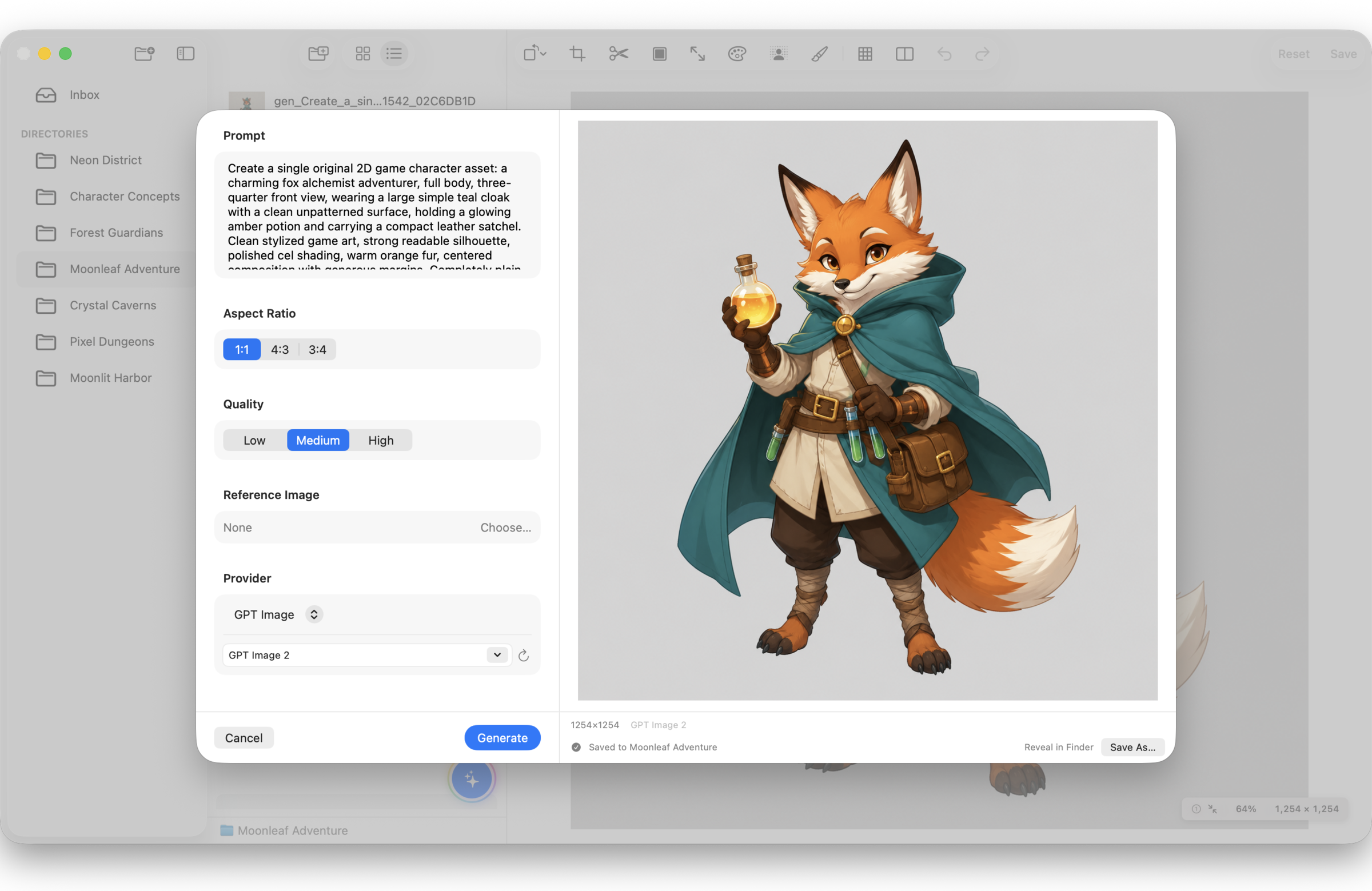 SpriteArk image generation interface with a prompt, model options, and generated result