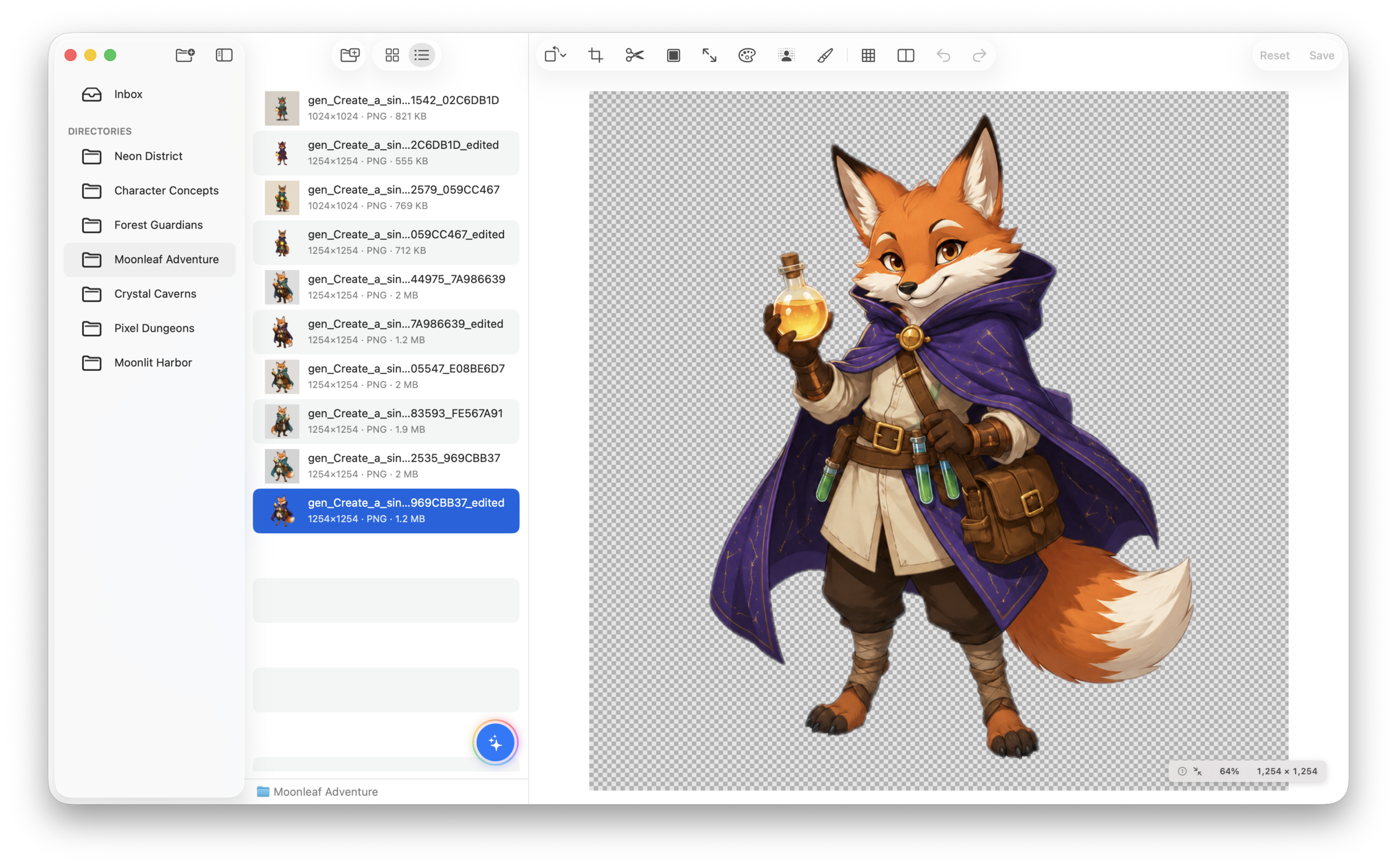 SpriteArk workspace with project folders, game art assets, and a fox character on a transparent background