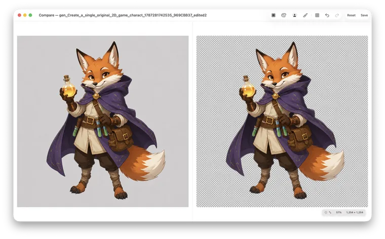 SpriteArk background removal comparison showing the original and transparent result