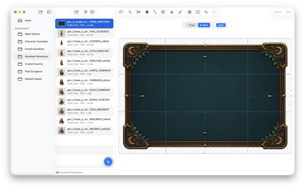 SpriteArk 9-slice editor showing guides over a game UI panel